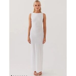 Peppermayo Etoile Knit Maxi Dress White Open Back Size M/L Tall Resort Beachy